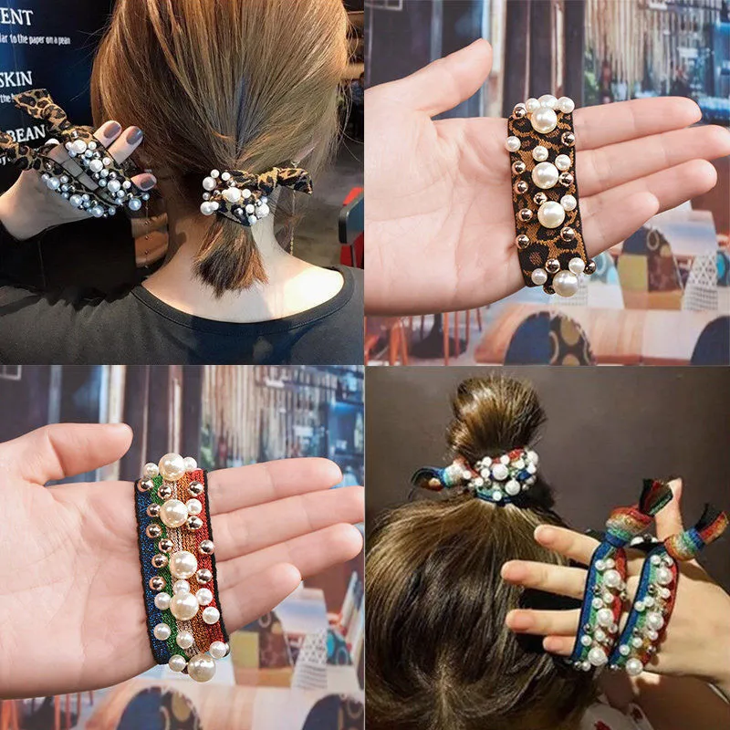 Coletero con cordón de leopardo para mujer, con cuentas de perlas de imitación coletero, bandas elásticas para el pelo, accesorios para el cabello, cuerdas de arcoíris