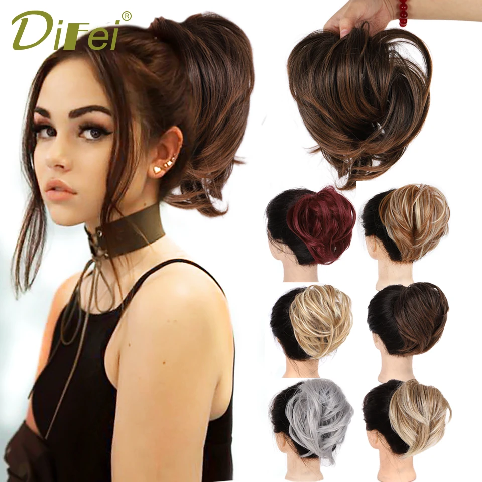 

DIFEI Girls Straight Scrunchie Chignon with Elastic Rubber Band Synthetic Hair Ring Black Gray Wrap On Ponytail Messy Bun Donut