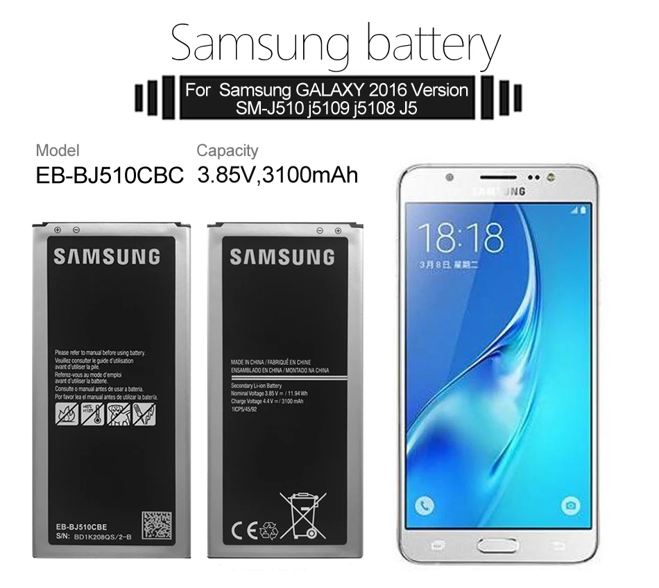 

Samsung Original Battery EB-BJ510CBC For Samsung Galaxy J5 2016 Edition J5 2016 J510 J510FN J510F J510G EB-BJ510CBE 3100mAh