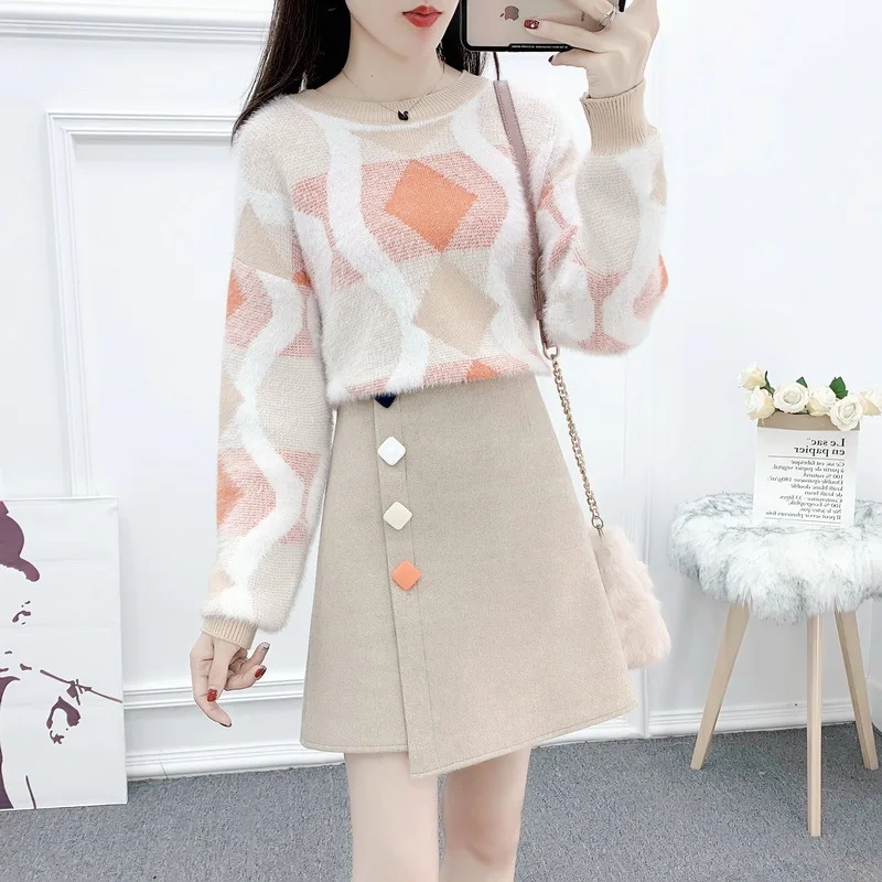 

Свитер Chaoma для лактации, короткая юбка, женский осенне-зимний костюм, новинка 2021, юбка-сетка из двух предметов, красный костюм