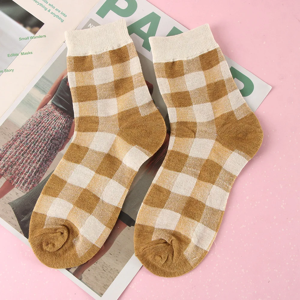 

Autumn And Winter New Plaid Tube Female Socks Double Needle Dual-way Casual Cotton Breathable Comfortable Ladies Long Socks
