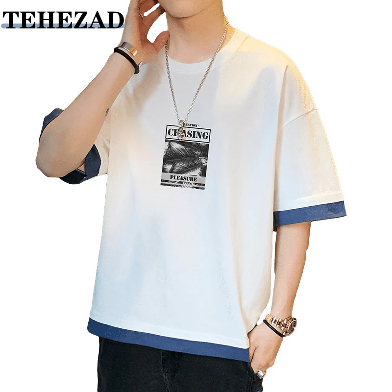 

Мужская футболка 2021 на весну и лето, свободные толстовки с круглым вырезом Повседневная 100% хлопковый Молодежный модный пэчворк больших раз...