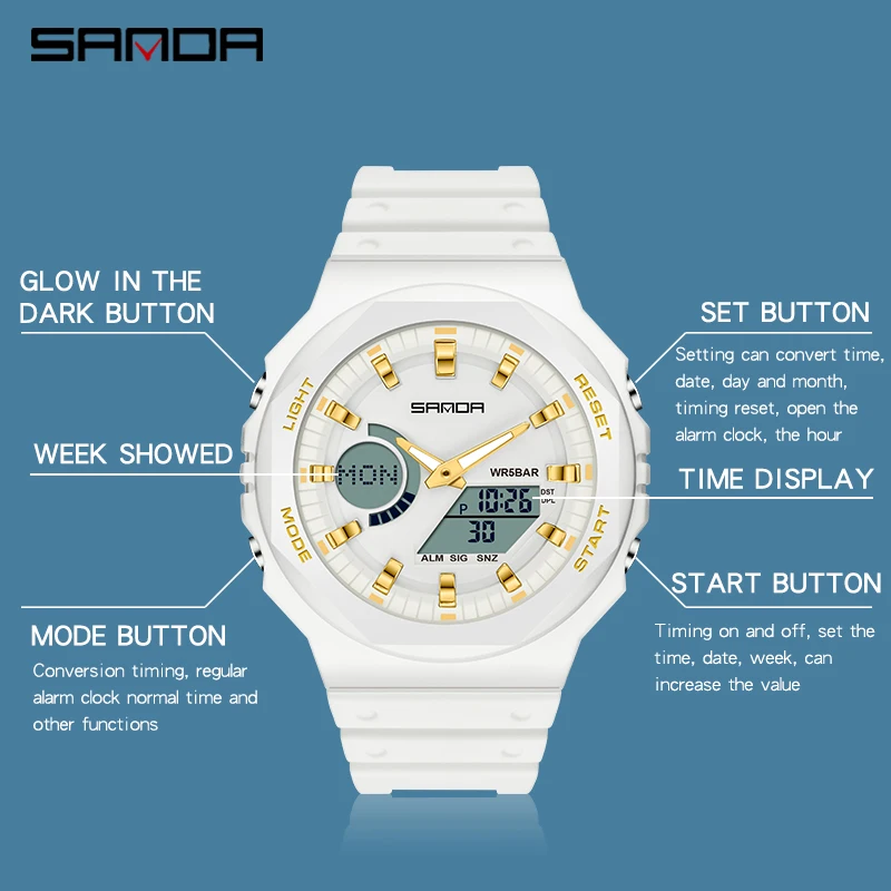 SANDA Men Watches Black and White G style Sport Watch LED Digital Waterproof Casual S Shock Male Clock relogios masculino | Наручные часы