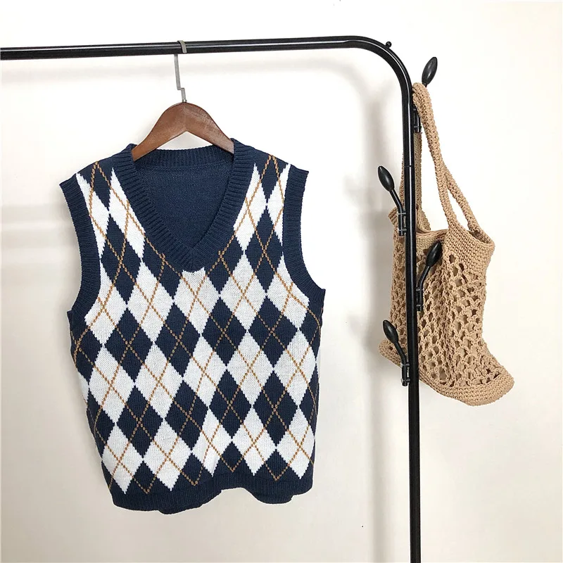 

Retro Rhombic Geometric Knitted Sweater Vest Casual Vest Fashion Sleeveless Pullover Vest Women's Sweater V-neck Plaid Jacket