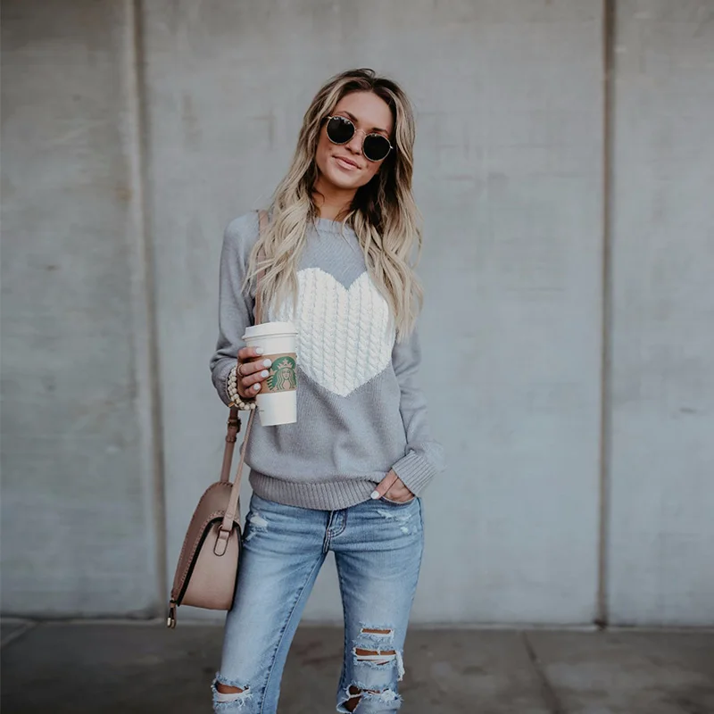 

Love Pattern Knitting Long Sleeve Sweater Women Tops Simple Outwear Pullover Sweater Pull Femme Winter