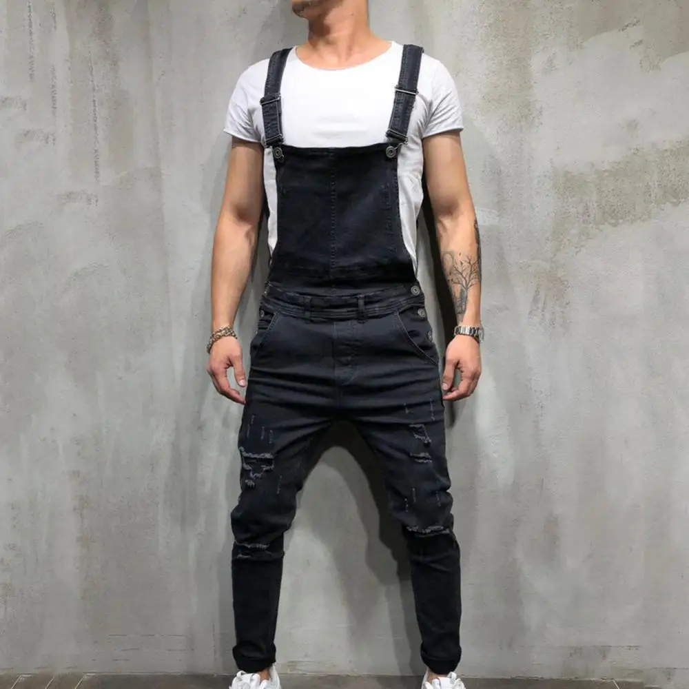 Wholesale Retro Summer Men Ripped Denim Overalls Destroyed Hole Long Pants Jeans Jumpsuit