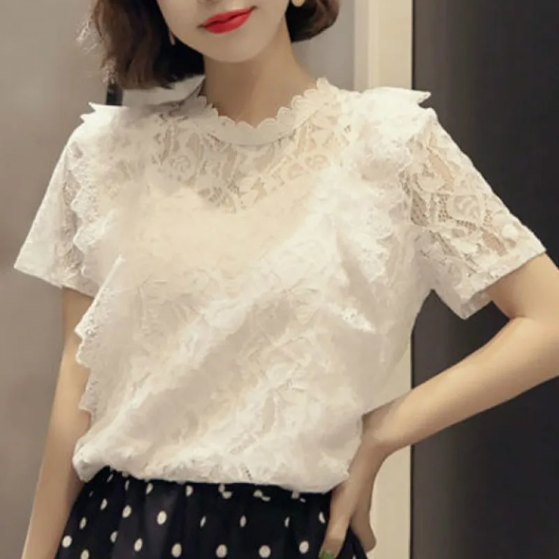 Женская кружевная блузка с коротким рукавом черная Повседневная ажурная
