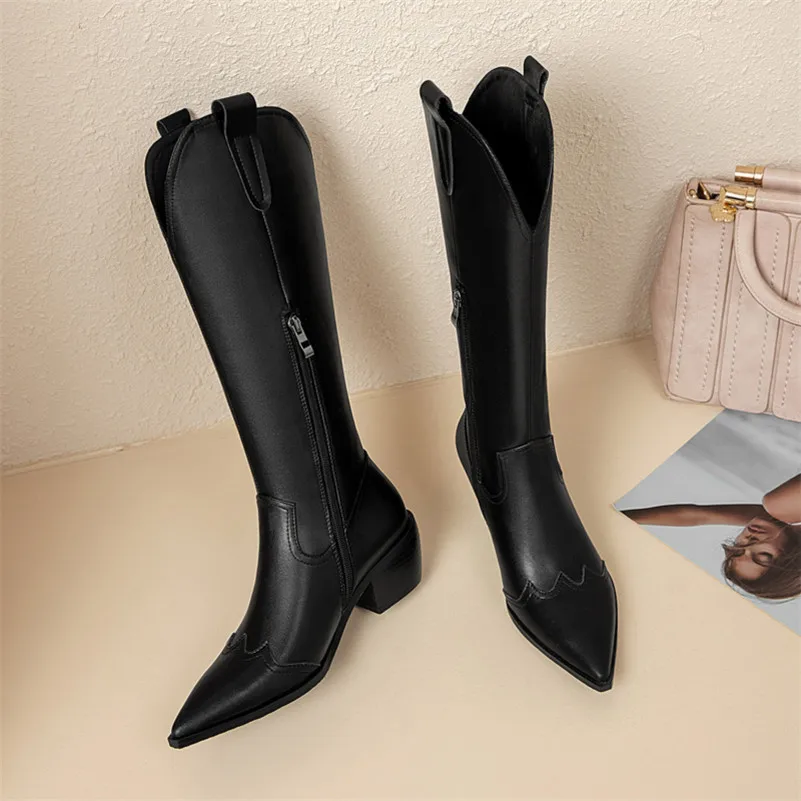 

ANNYMOLI Western Boots Women Shoes Pointed Toe Thick Heels Knee High Boots Zip High Heel Long Boots Lady Autumn Winter Black 46
