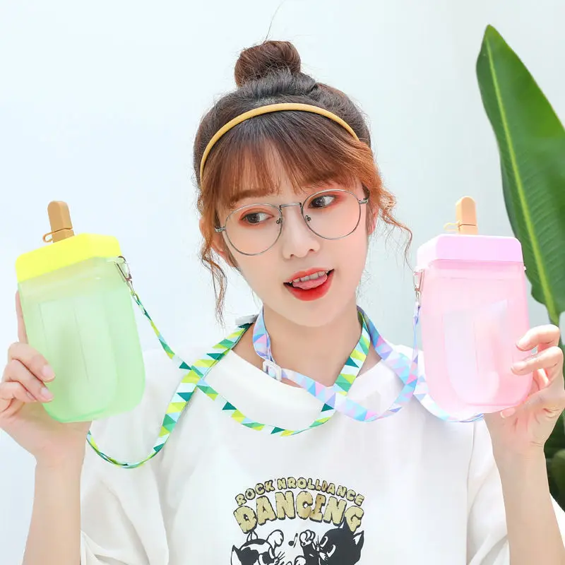 

Creative Popsicle Water Bottle with Straw Outdoor Travel Tea Cup Children Juice Drinking Portable Plastic Water Bottle with Rope