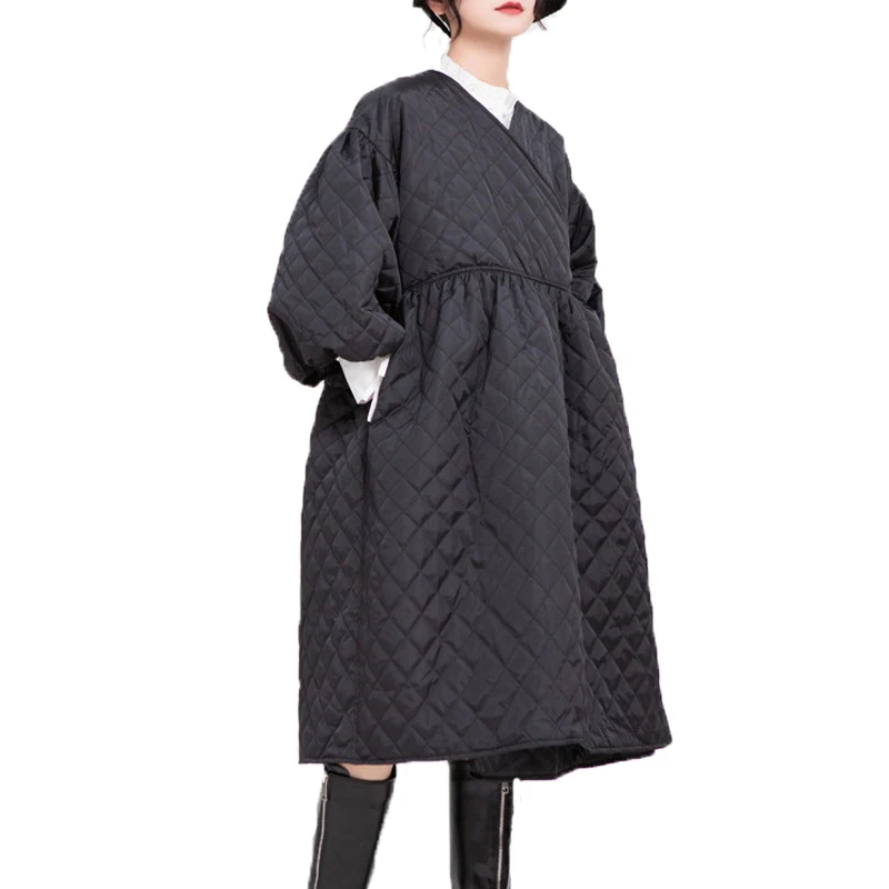 

2020 Autumn and Winter New Cotton Coat Jacket Retro Lantern Sleeves Rhombus Embossed Long Style Korean Fashion Cotton Coat Women