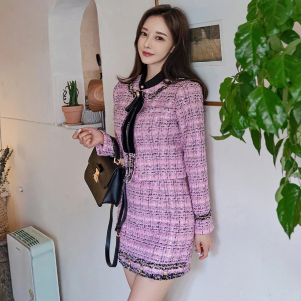 Женский твидовый комплект из двух предметов Розовый однобортный пиджак в клетку