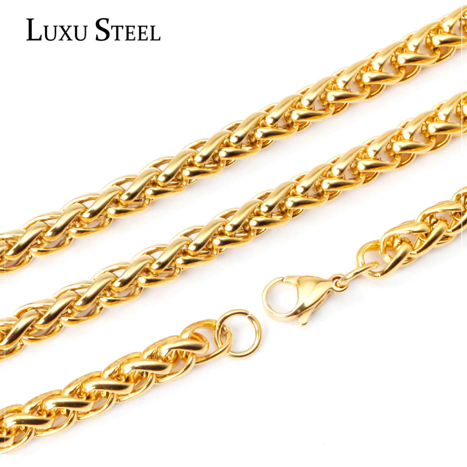 

LUXUSTEEL Gold Color Wheat Shape Chains Necklace Women Men Classic Style 5mm 7mm Big Necklace Wholesale Accessories Party