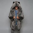 Зимнее Мужское пальто из искусственного меха с капюшоном в ушах, теплый плюшевый Кардиган с длинным рукавом в виде медведя, толстая Тедди куртка, Мужская длинная парка, размеры 5xl