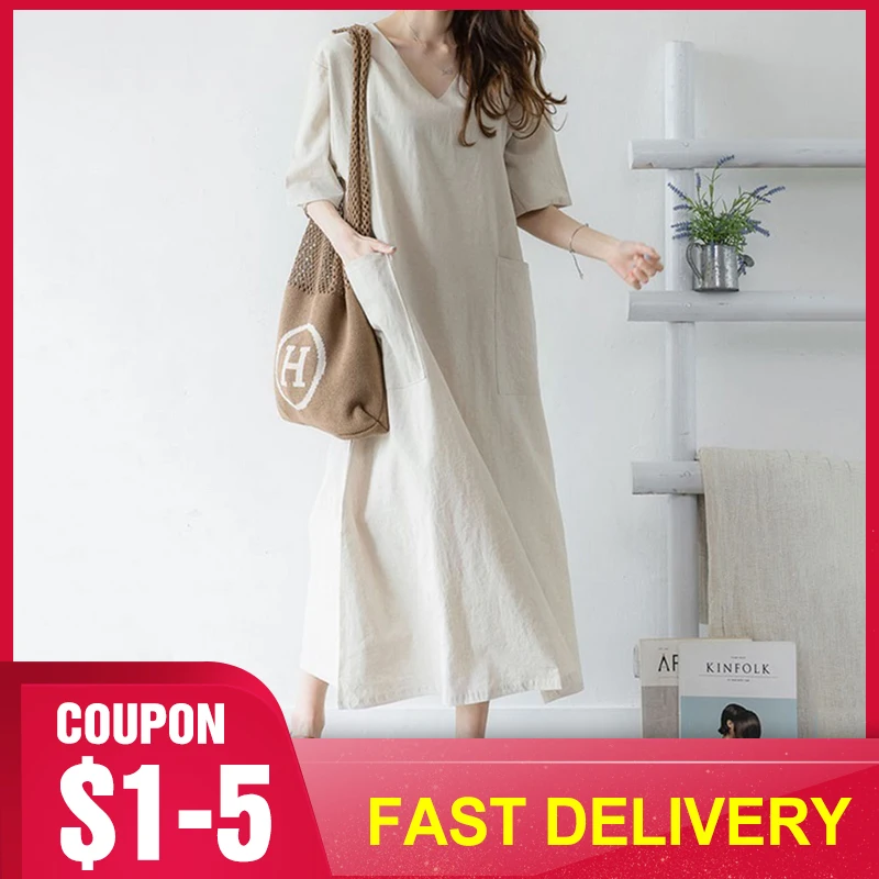 Женское повседневное офисное платье макси в японском стиле хлопковое льняное