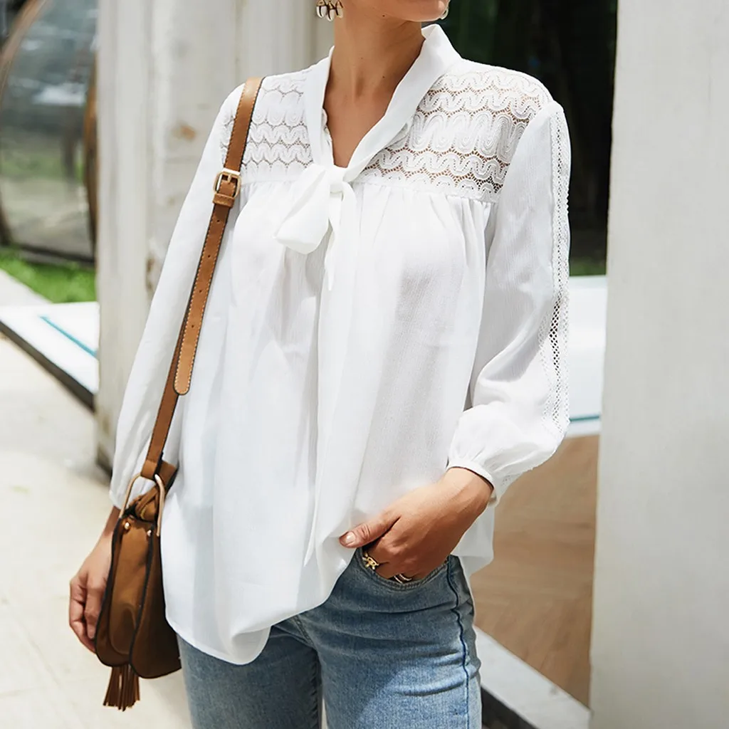 Женская шикарная белая шифоновая блузка с длинным рукавом и отложным воротником