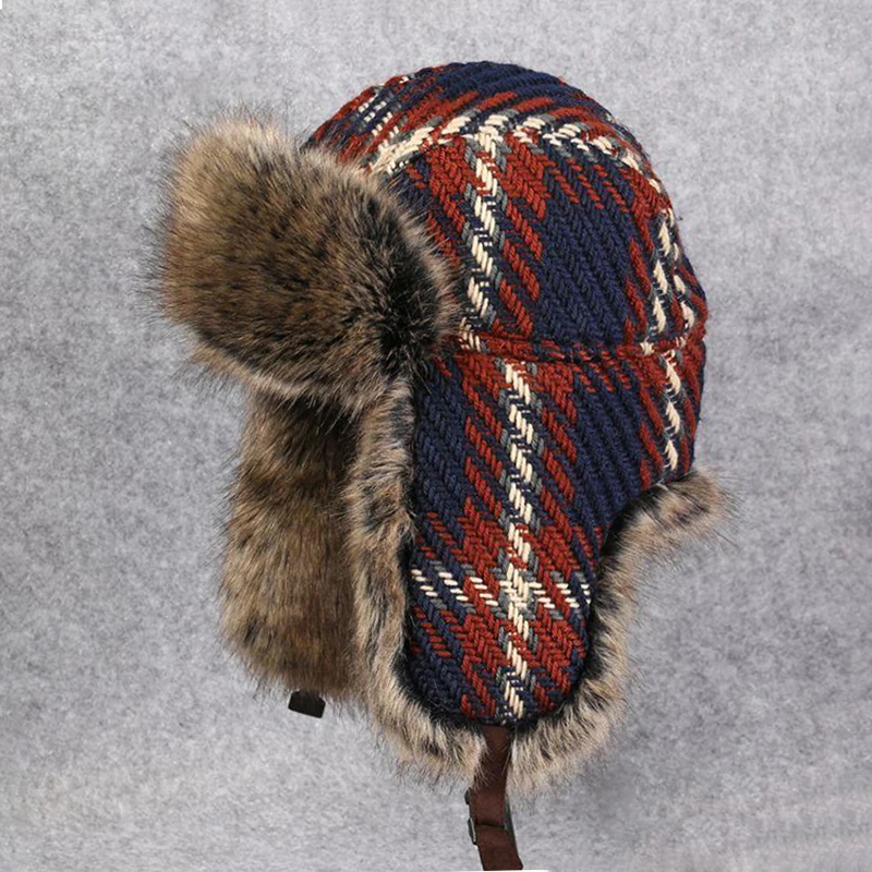 Шапка бомбер для мужчин и женщин Мужская теплая вязаная русская ушанка из