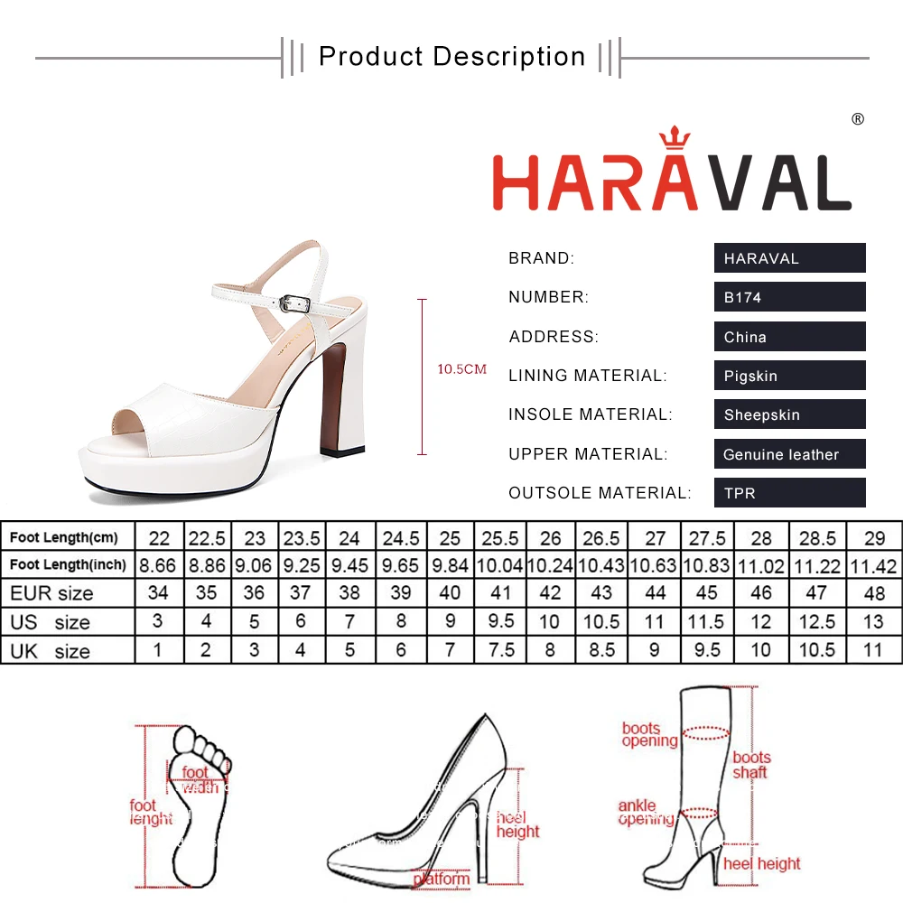 

HARAVAL Women Sandals Shoes High Heels Thick Bottom Genuine Leather Casual Waterproof Platform Elegant White Brown Female B174