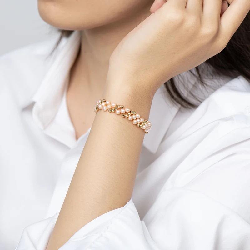 

KUGG 14K Gold Filled Bracelet 4-5mm Oval Natural Freshwater Pearl Twisted Fashion Multi-layered Bracelet Women Bangle Jewelry