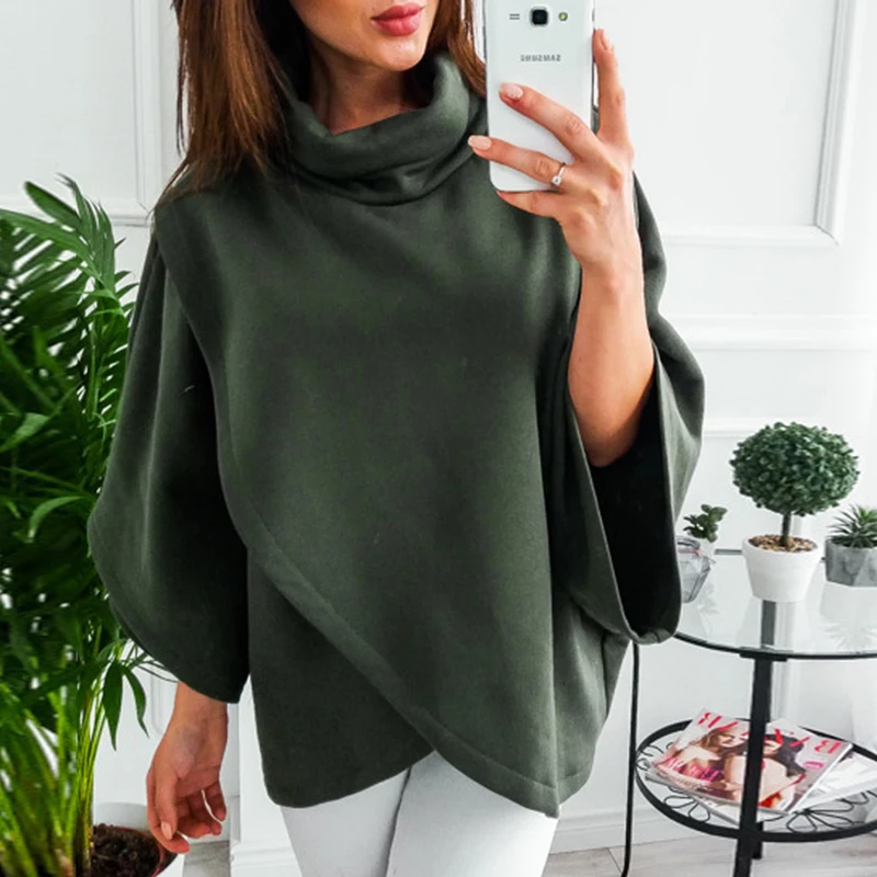 Lady's Sweater Casual Knitted Turtleneck Cloak Batwing Sleeve Solid Color Elegant Autumn Winter for Women AEHQ092 |