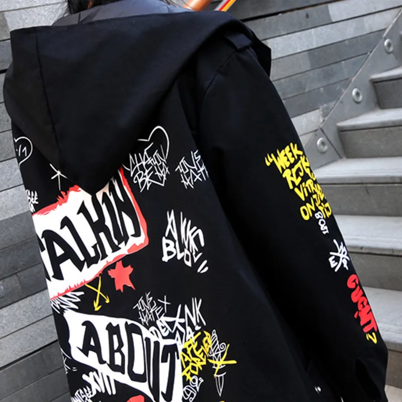 

Spring autumn trench coat women 2020 oversized loose hooded trenchcoat female cotton long coat letter print streetwear overcoats