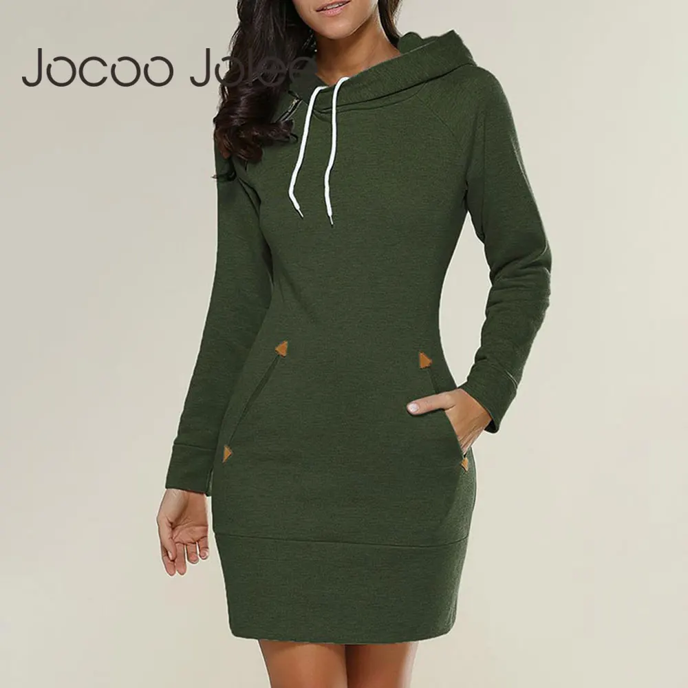 

Jocoo Jolee Autumn Winter Casual Long Sleeve Hoodies Elegant Mini Dress Vintage Solid Sweatshirts Zipper Pockets Long Pullover