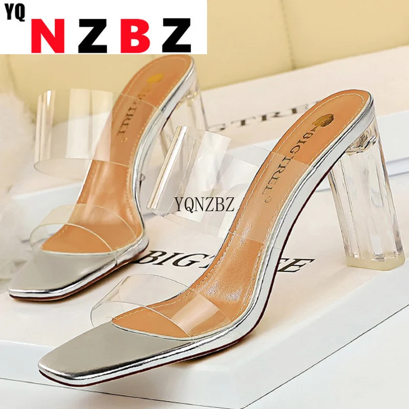

2022 Summer Fashion Women 8.5cm Clear High Heels Prom Slippers Block Transparent Heels Slides Open Toe Mules Female Party Shoes