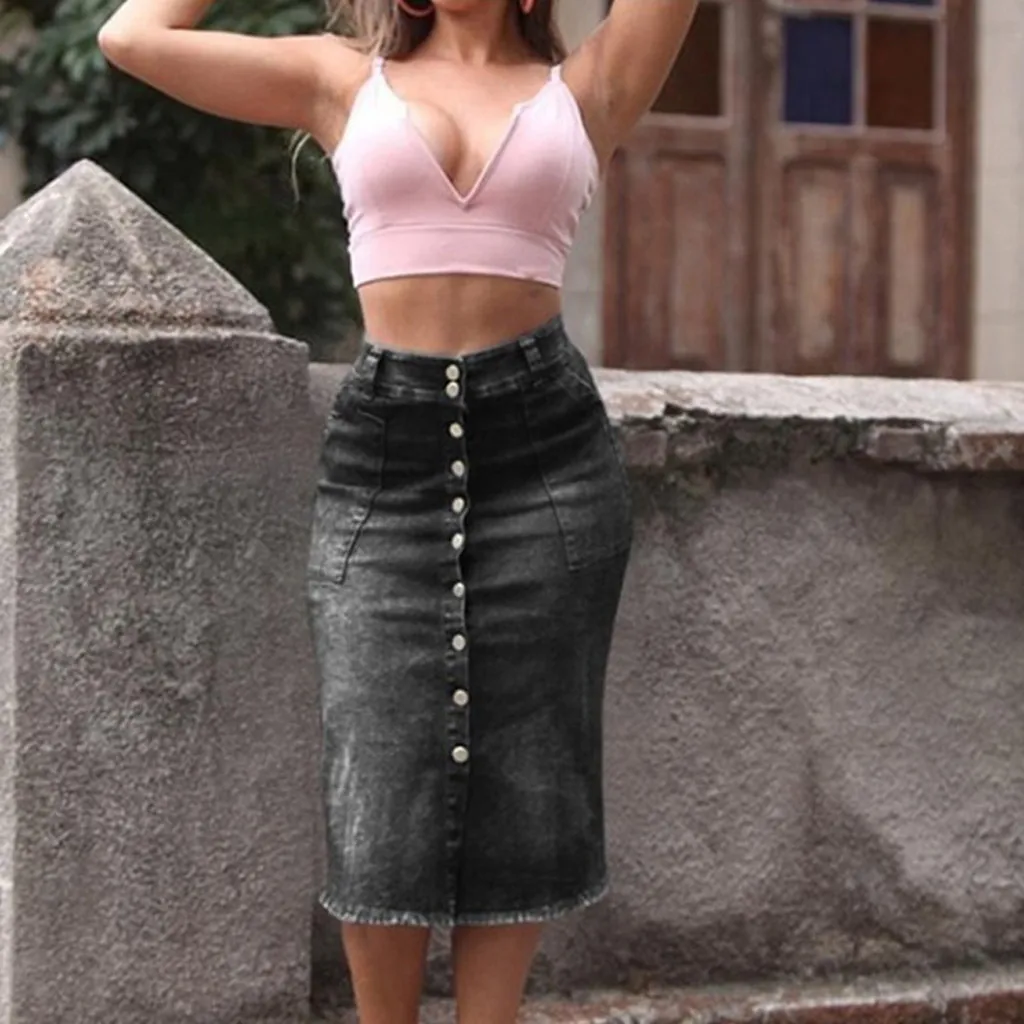 

Women's Bag hip skirt with pockets Fashion lady Slim Thin Buttons Gentle wind Denim Skirt Middle Skirt