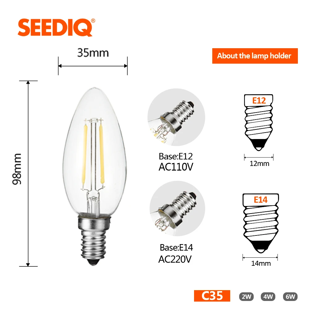 E14 Led Bulb 220v 240v 110v E12 2W 4W 6W C35 Candle Light Bulb Retro Edison Filament Lamp Chandelier Lighting Blub Home Decor