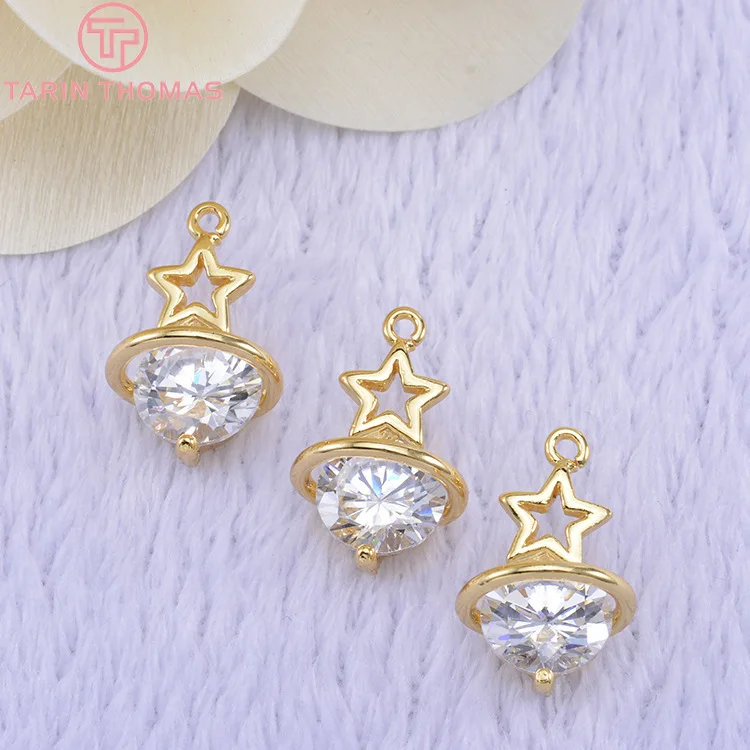 

(1306)4PCS 17x11MM 24K Gold Color Plated Brass With Zircon Round Star Charms Pendant High Quality Jewelry Accessories