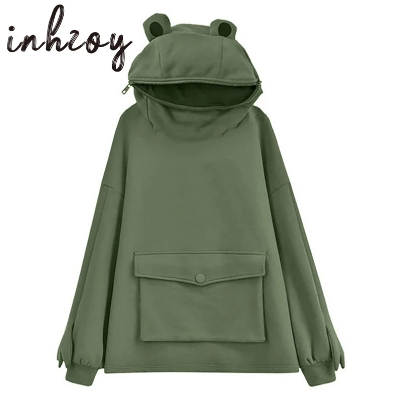 

Kawaii Women Sweatshirt Hoodies Frog Mouth Zipper Oversized Pullover Casual Loose Tunic Cute Anime Cosplay Tops with Pockets