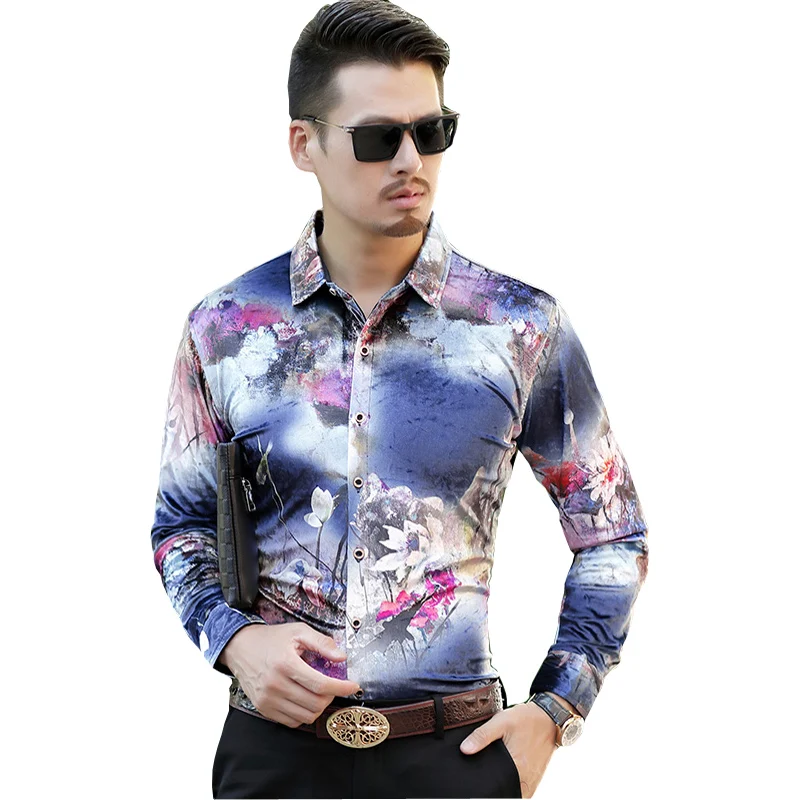 

Pop Men Shirt Men Pop Fashion Velvet Slim Fit Shirt long-sleeved Men Shirt VogueMen Flowers Shirt Size M-2XL