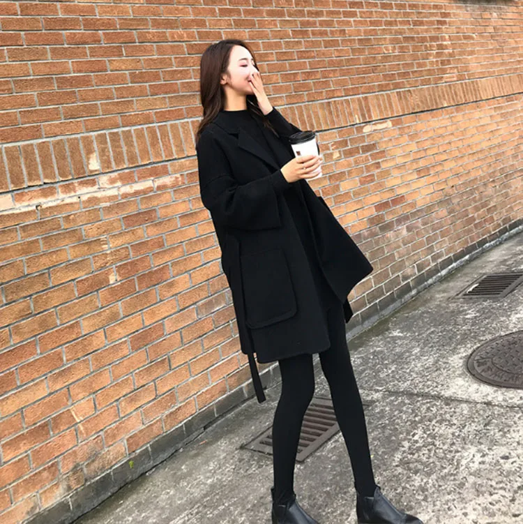 Черное кашемировое пальто с двусторонней стороной осенне зимнее женское