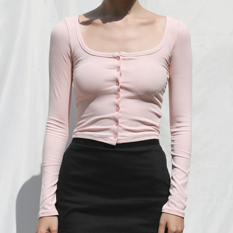 Женский укороченный топ с квадратным вырезом и пуговицами футболка в рубчик