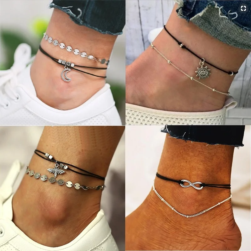 Браслет на ногу двухслойный с черной веревкой ювелирное украшение в виде