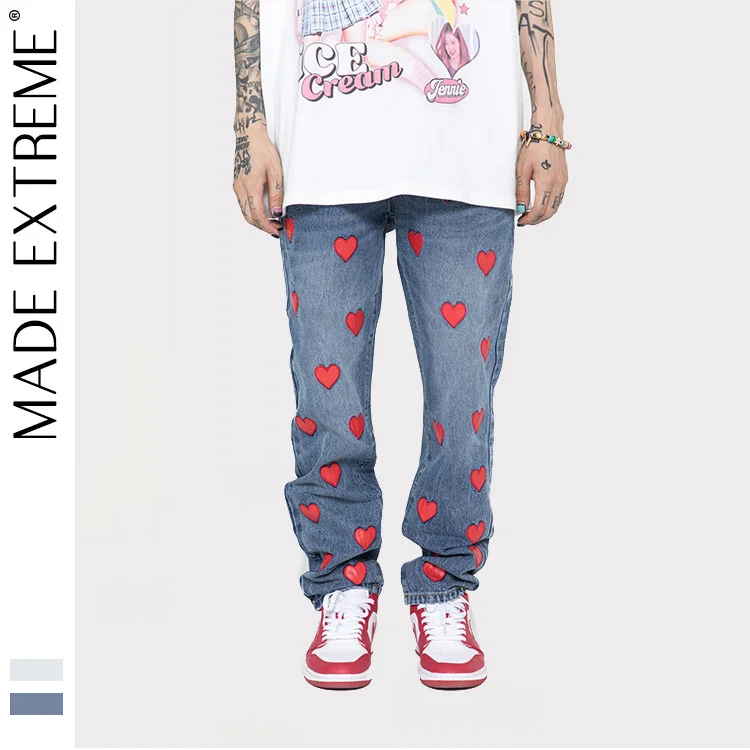 

heart embroidery jeans men hip hop jeans korean fashion clothing baggy jeans women streetwear cargo pants men Z82