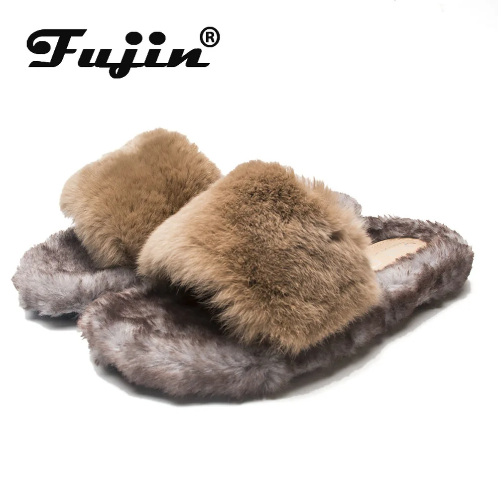 

Fujin/женские тапочки из 100% натурального кроличьего меха; Зимняя теплая удобная домашняя обувь; Женские домашние тапочки из мягкой кожи с мехо...