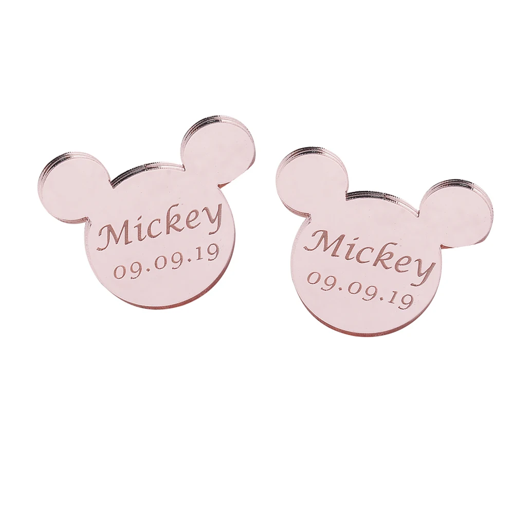 Style5 Pink 12 шт. персонализированные гравированное зеркало Микки Маус надписи имя карты метки ребенок душ украшение для вечеринки в день рождения 40 мм без отверстия - Цвет: Style5 Pink