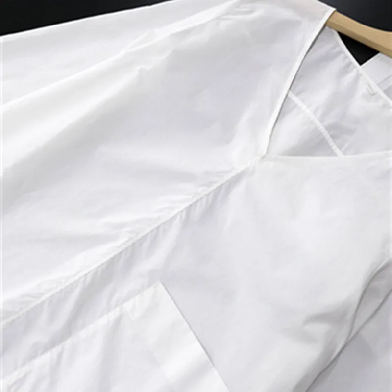 

Women's Cotton Long-sleeved Shirt White V-neck Loose Big Pocket Simple Casual Blouse 2020 New