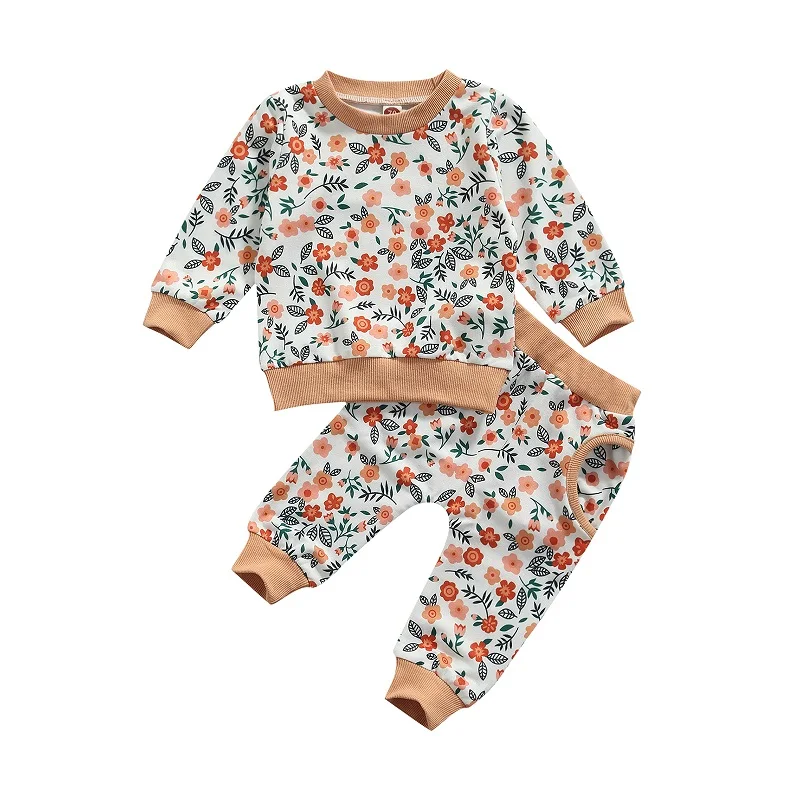 

0-24M Newborn Baby Boy Girl Floral Outfits Long Sleeve Pullover Sweatshirt Tops Long Pant Trouser 2PCS Autumn Clothes Set