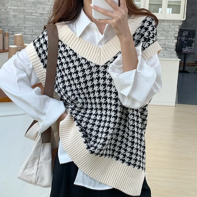

V-Neck Knitted Vest Women New Korean Fashion Thousand Bird Pattern Sleeveless Sweaters Waistcoat for Outwear Spring Autumn 2021