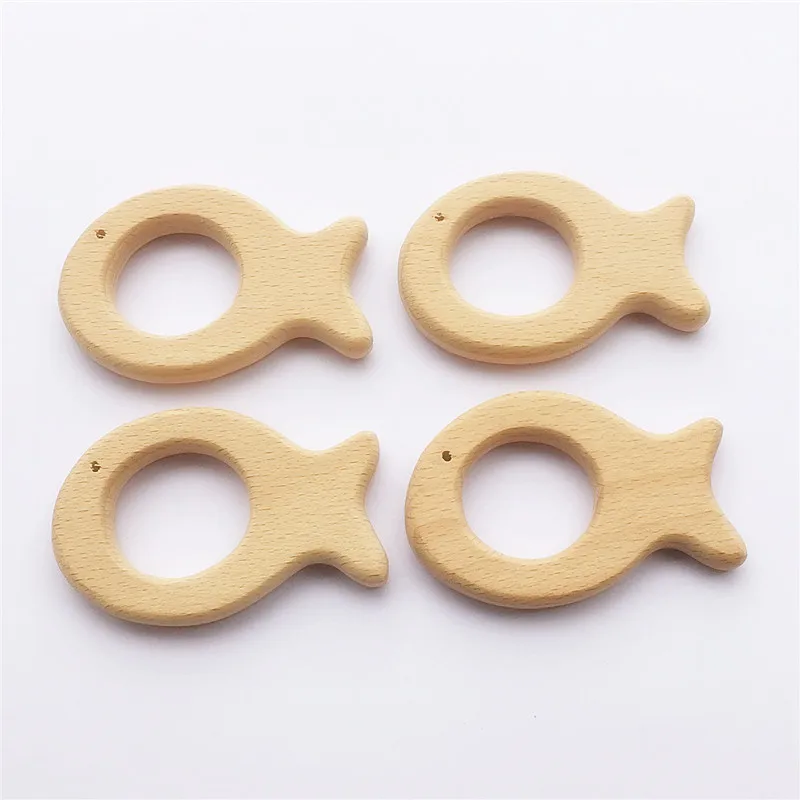 Chenkai 10pcs Wood Fish Teether Ring DIY Organic Eco-friendly Unfinished Nature Baby Pacifier Rattle Teething Grasping Toy
