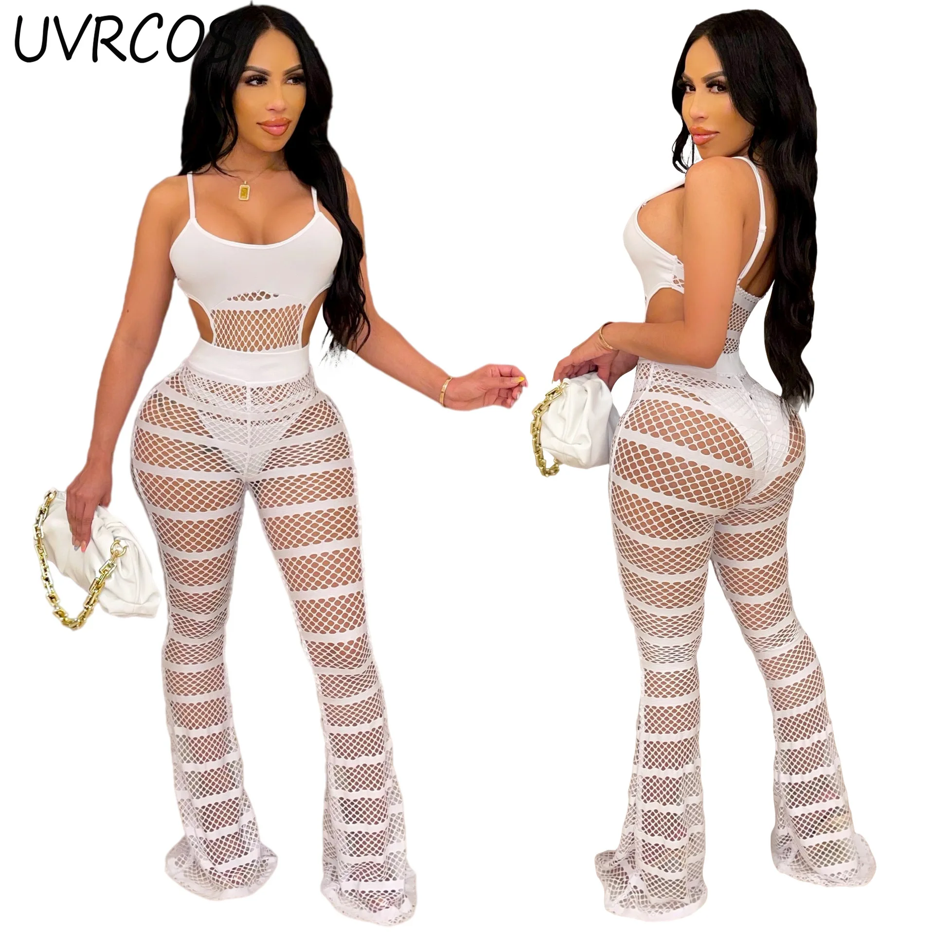 

Fashion Sexy Backless Sling See-Through Mesh Two-Piece Female One-Piece Hollow Out Sling Long Pant Autumn New Style Burlesque