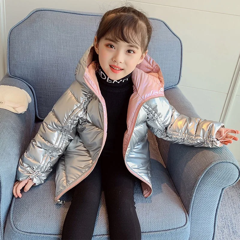 

2021 Real Fur Collar Children Girls Winter New Wear on Both Sides Cotton Jackets Kids Coats Teenage Outerwear Hooded Jackets