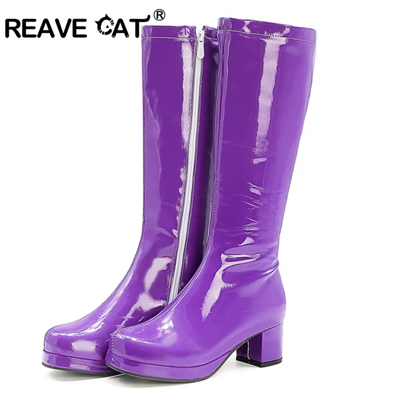 Женские осенние сапоги до колена REAVE CAT с круглым носком на квадратном каблуке