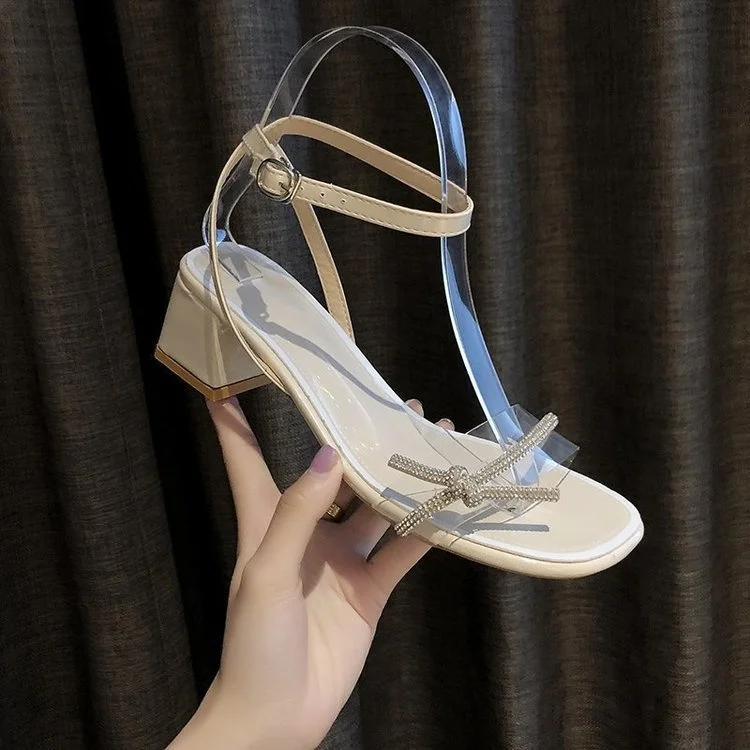 

2021 summer new Thick heel sandals women's middle heel summer ins fairy wind net red sexy peep toe button high heels