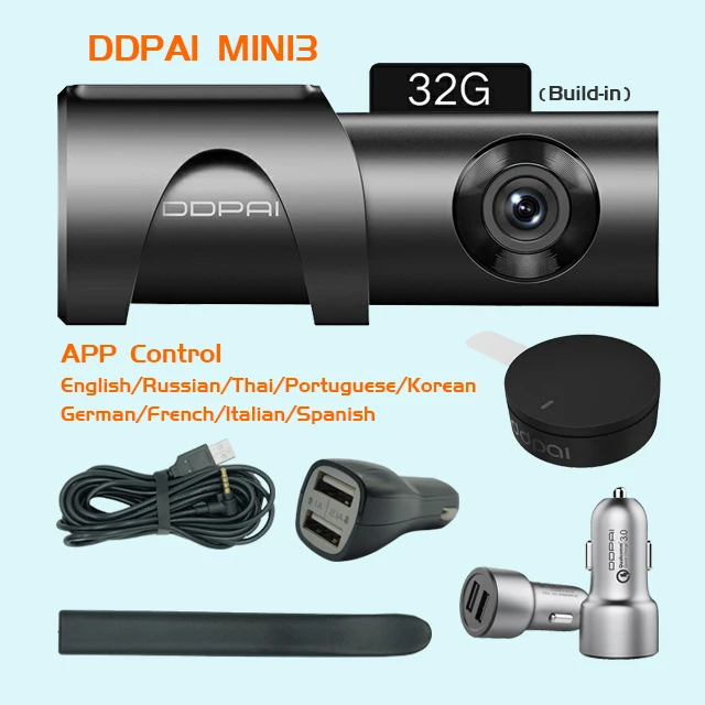 Add Car Charger Xiaomi Mijia DDPai Mini3 DDPai Dash Cam camera 32GB английский eMMC 1600P HD запись 24H монитор парковки глобальная версия - Название цвета: Add Car Charger