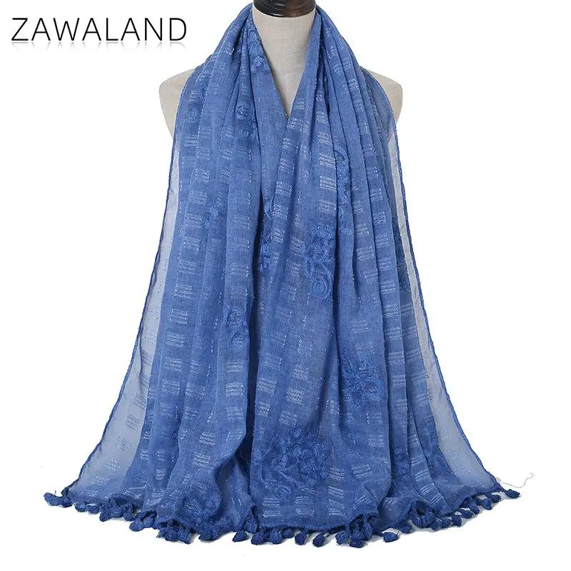 

Zawaland New Elegant Solid Color Scarves With Tassel Simple Casual Embroidery Cotten Line Long Wraps Scarf Women Beach Shawl