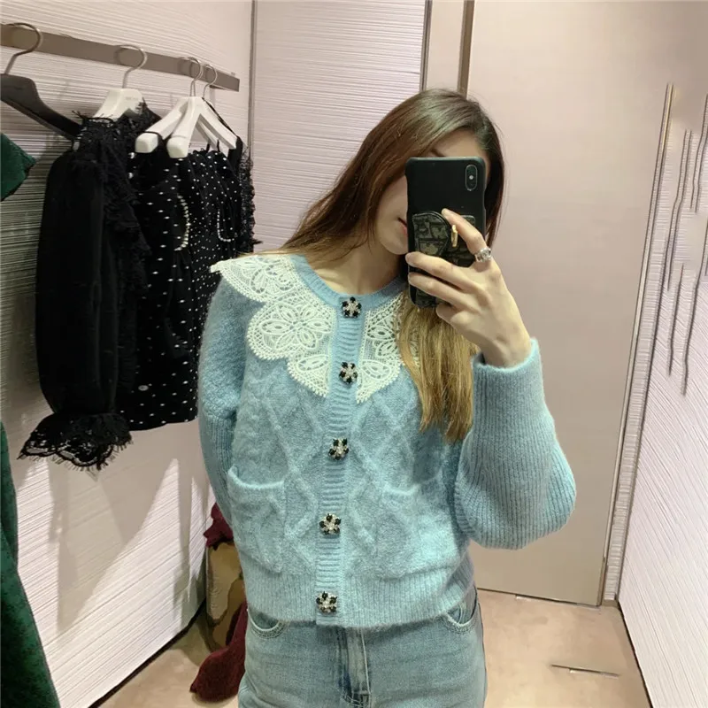 

Женский короткий вязаный кардиган, полая кружевная Вышивка светло-голубого цвета, Осень-зима