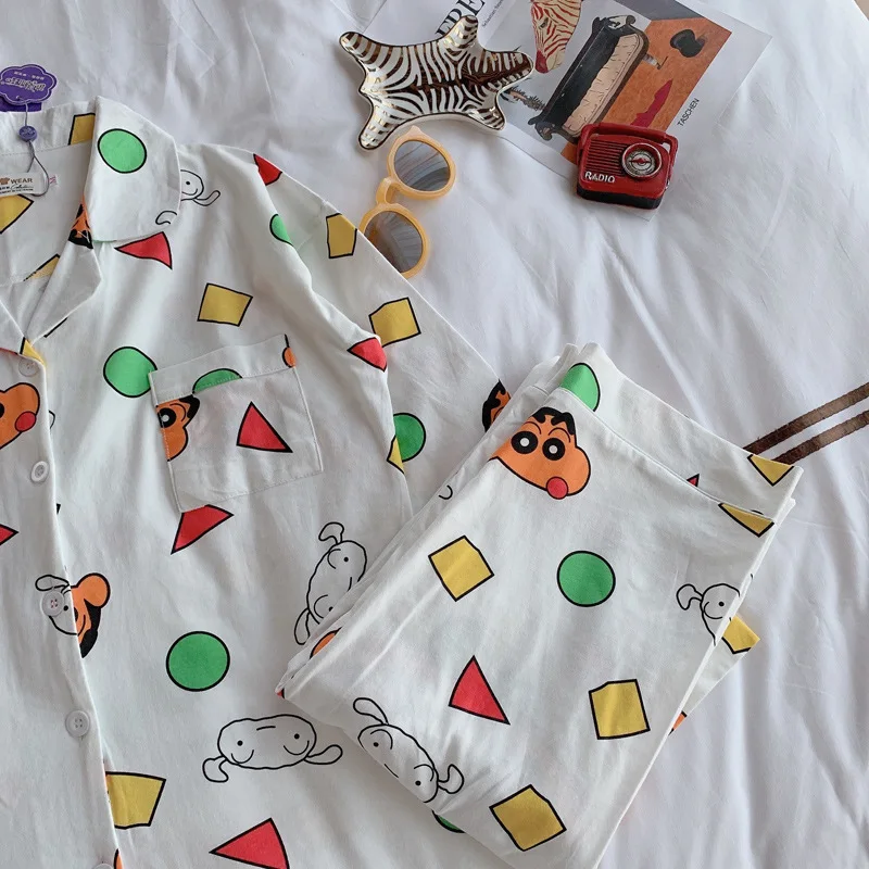 Matching Pajamas Men Women Home Clothing Shin Chanv Anime Costume Kawaii Mujer Nightwear Ladies Autumn Spring Sleepwear Couple