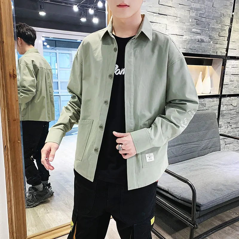 

2021 spring shirt men's long sleeve loose shirt men's casual solid color tooling top military style men's inch shirt